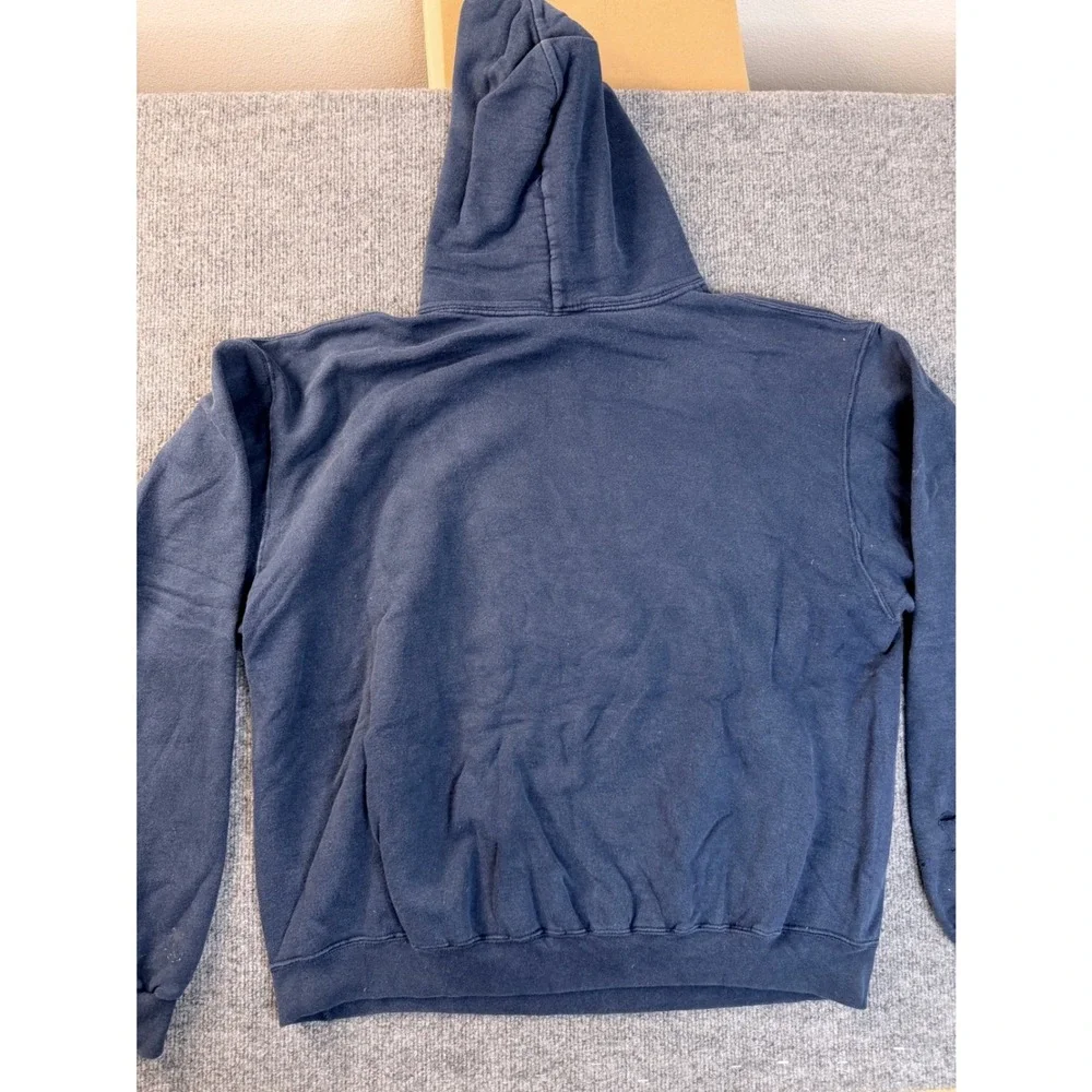Champion Mens Large Navy Blue Bend Football Graphic Hoodie Sweatshirt Faded Y2K